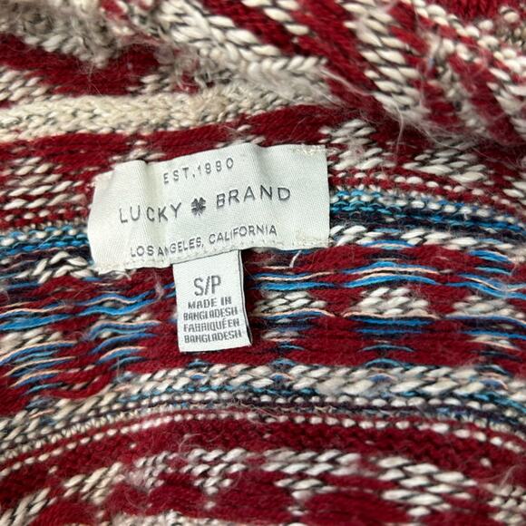 Lucky Brand Aztec Drape Wrap Cardigan Sweater Small Red Beige Tribal Pockets - Picture 10 of 13
